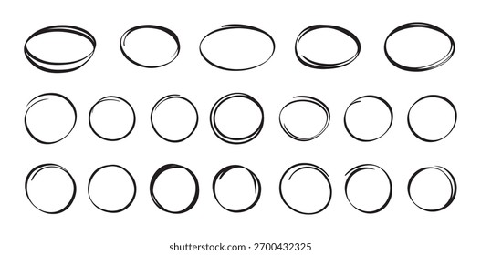 Highlight circle isolated hand drawn set . Doodle marker Collection of different black circles. Vector illustration