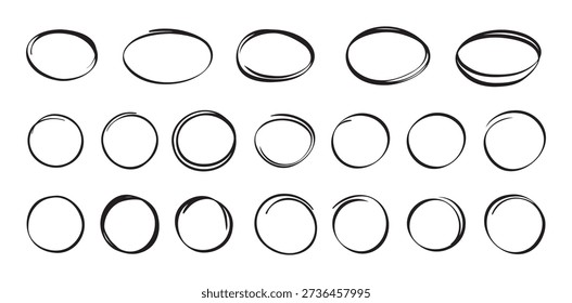 Highlight circle isolated hand drawn set . Doodle marker Collection of different black circles. Vector illustration