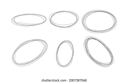 Highlight circle scribble frame - ink pen scrawl oval border for emphasis and highlighting text or important objects. Round doodle scratch marker collection with editable stroke.