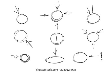 Highlight circles set. Hand drawn doodle arrows ovals. Marker sketch. Highlighting text and important objects.  Round scribble frames. Stock vector illustration on white background.