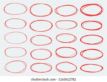 Highlight circles set. Vector collection. Hand drawn red ovals. Designed to highlight text or important objects. Marker doodle sketch. Round scribble frames.