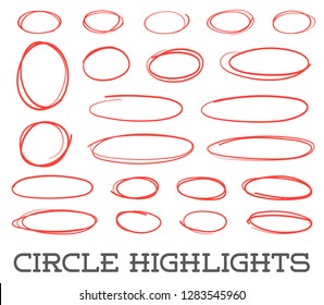 Highlight circles set. Vector collection. Hand drawn red ovals. Highlighting Text or important objects. Marker doodle sketch. Round scribble frames. Vector.