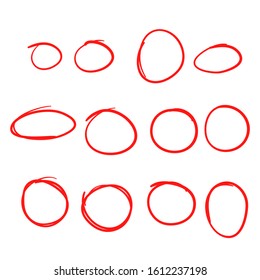 Highlight circles set Vector collection. red ovals. Highlighting Text or important objects. Marker doodle sketch frame. isolated