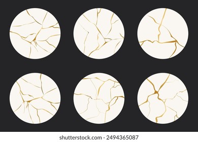 Resalte el círculo de la cubierta Kintsugi líneas de rotura simples de oro, crepitante geométrico asiático. Superficie del marco de los medios sociales con la impresión del crack, efecto. Cubierta moderna de textura rota dorada.