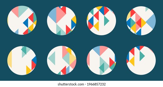 Resaltar conjunto de iconos de la cubierta con formas geométricas abstractas y triángulos. Medios sociales, historias rodean elementos. Diseño gráfico moderno. Ilustración vectorial. 