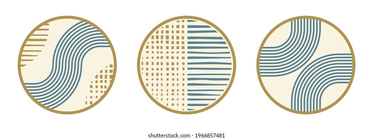 Highlight cover icon set with abstract geometric shapes and lines. Social media, stories circle elements. Modern graphic design. Vector illustration. 