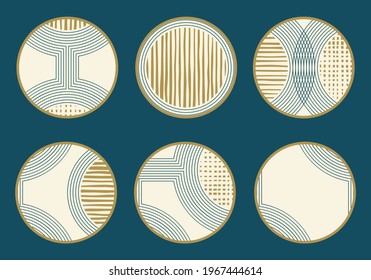 Resaltar conjunto de iconos de la cubierta con formas y líneas geométricas abstractas. Medios sociales, historias rodean elementos. Diseño gráfico moderno. Ilustración vectorial. 