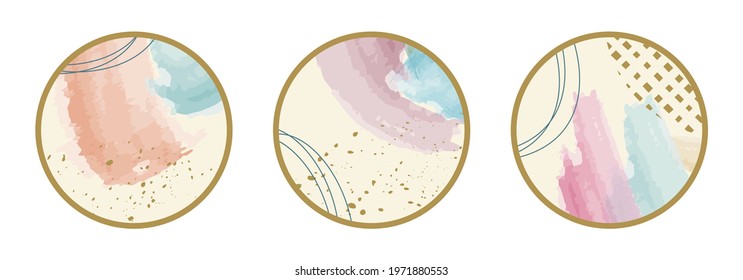Highlight cover icon set with abstract watercolor and geometric shapes. Social media, stories circle elements. Modern graphic design. Vector illustration. 