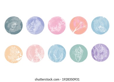 Highlight Cover Set, Abstract Floral Botanical Icons For Social Media. Vector Illustration.  Watercolor Design. Set Of Instagram Story Highlights Covers Icons. Colorful Watercolor Background