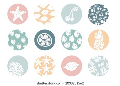 Highlight cover set, abstract floral, fruit botanical icons for social media. Vector illustration. Set of Instagram Story Highlights Covers Icons. 