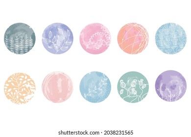 Highlight Cover Set, Abstract Floral Botanical Icons For Social Media. Vector Illustration.  Watercolor Design. Set Of Instagram Story Highlights Covers Icons. Colorful Watercolor Background