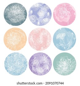 Highlight cover set, abstract floral botanical icons for social media. vector illustration. watercolor design. set of instagram story highlights covers icons. colorful watercolor background