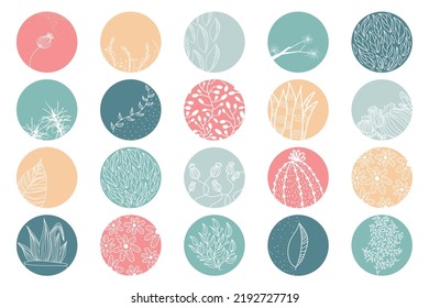 Highlight Cover Set, Abstract Floral Botanical Icons For Social Media. Vector Illustration. Watercolor Design. Set Of Instagram Story Highlights Covers Icons.