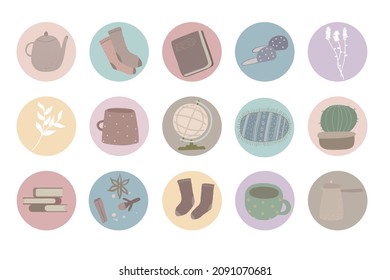 markieren Sie Cover-Set mit runden Symbolen für Social-Media-Geschichten. Abstrakt verschiedene Symbole mit gemütlichen, niedlichen und heimischen Objekten, boho Stil.