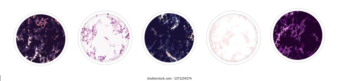 Highlight covers backgrounds. Set of 5 marble design templates. Blue, purple, pink, white and magenta colors. Use as a backdrop for icons, text or your personal design.