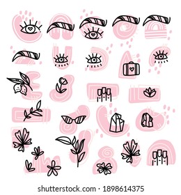Die Hintergründe werden hervorgehoben. Set von Schönheitssymbole, Logos. Eine Reihe von Logos für Online Dessous Shop, Blumenladen, Reisende. Modernes, modernes Vektorlogo. 