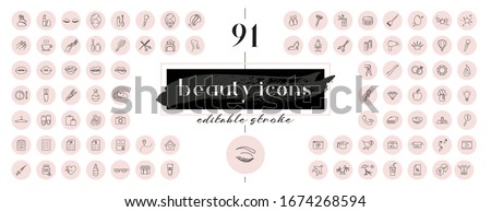 Highlight covers backgrounds. Set of beauty icons. Editable stroke. It is well suited for bloggers, cosmetics ad design and also for hairdressers, stylists, spas, beauty salons or cosmetologists. Foto d'archivio © 