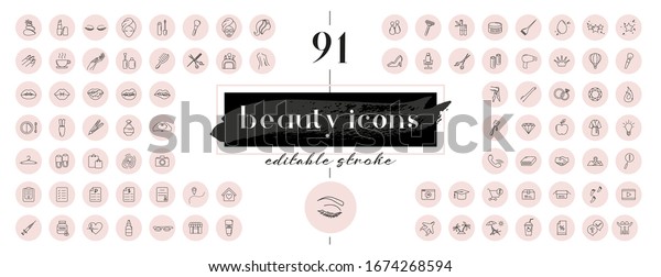 Highlight covers backgrounds. Set of\
beauty icons. Editable stroke. It is well suited for bloggers,\
cosmetics ad design and also for hairdressers, stylists, spas,\
beauty salons or\
cosmetologists.