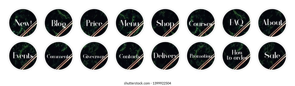 Highlight covers backgrounds. Set of green marble design templates. Geometric design. Icons with quotes for bloggers and commercial business accounts. Fashionable stripes in the color of rose gold.