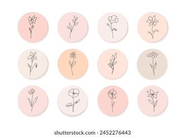 Highlight covers backgrounds. Set of icons with flowers, leaves. Editable stroke.