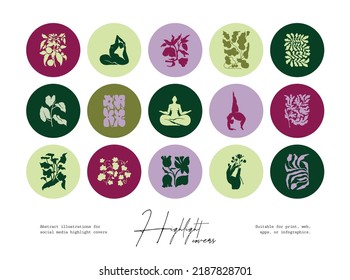 Highlight covers with hand drawn abstract botanical illustrations and woman silhouettes in yoga poses for social media templates