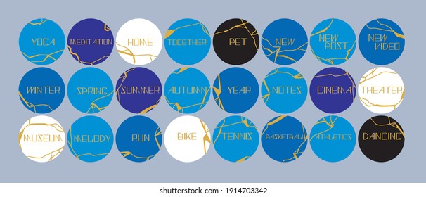Highlight covers Kintsugi icons isolated. Flat vector stock illustration. Icons with text as a template for social media. Highlight covers for story. Modern illustration with a kintsugi backdrop