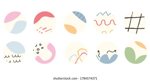 Highlight covers for social media stories   vector . Abstract backgrounds. Various shapes, lines, spots, dots, doodle objects. Hand drawn templates. Round icons. Perfect for bloggers, brands