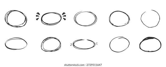Resalte el crayón garabato tiza o crayón dibujado a mano alrededor de marcos delgados ásperos. Doodle de óvalos a mano alzada. Marcos de elipse de lápiz de tiza, 