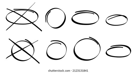 Highlight crossed out oval
frame set. Hand drawn doodle ovals. Circles and ellipses line template. Stock vector illustration isolated on white background.