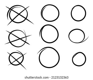 Highlight crossed out oval frame set. Circles and ellipses line template. Hand drawn doodle ovals.  Stock vector illustration isolated on white background.