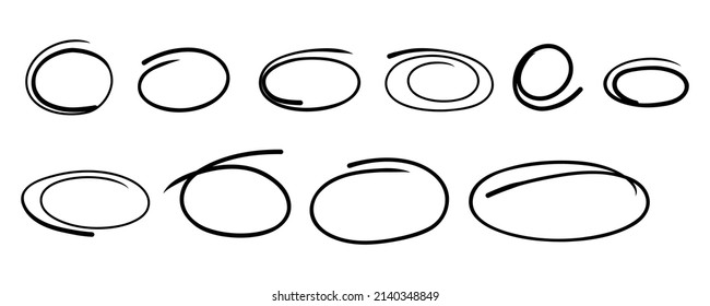 Highlight doodle ovals. Highlight hand drawn circle frames set. Ovals and ellipses line template. Vector illustration isolated on white background.