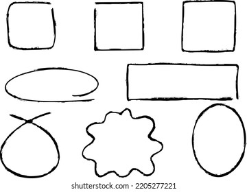 Highlight elements ink set. Check marks. Creative shapes, oval, square frame, rectangle and bubble speech like shape. Hand drawn
