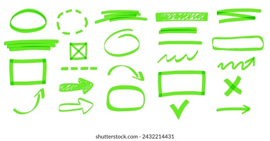 Highlight, frames, arrows, text box. Hand drawn green marker elements	
