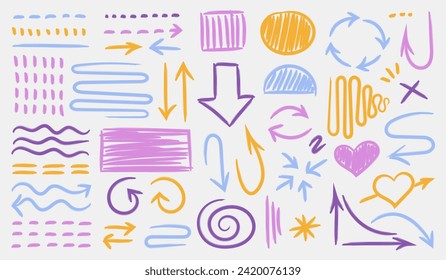 Highlight grunge brush lines, shapes, elements. Big set of hand drawn isolated vector objects on white background. Multicolored doodle strokes. Acid highlighters marker stripes, underlines for any use