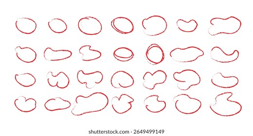 Destaque a mão desenhando diferentes círculos isolados no fundo, Círculo vermelho manuscrito. Para marcação de texto, números, caneta marcadora, lápis, logotipo, desenho à mão doodle grunge círculo destaques