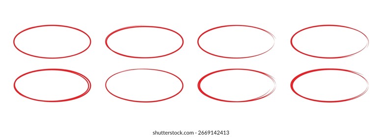 Highlight hand drawing different circles isolated on white background, Hand drawn red circle for marking text, numbers, marker pen, pencil, logo, hand drawn doodle grunge circle highlights