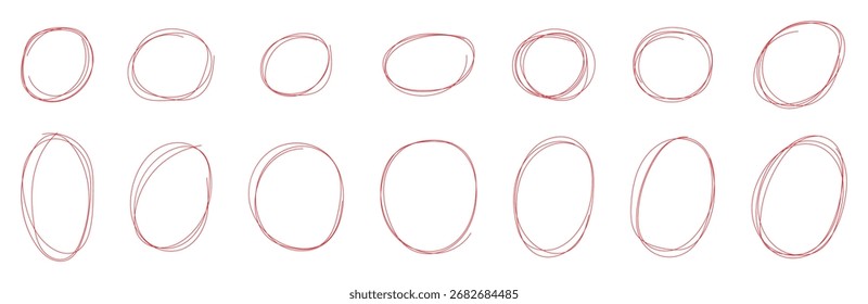 Resaltar dibujando a mano diferentes círculos aislados sobre fondo blanco, dibujado a mano círculo rojo para marcar texto, números, rotulador, lápiz, logotipo, dibujado a mano doodle grunge círculo destacados