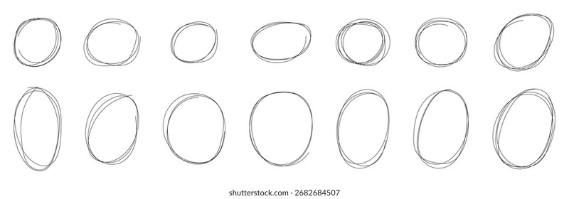 Resaltar dibujando a mano diferentes círculos aislados sobre fondo blanco, dibujado a mano círculo rojo para marcar texto, números, rotulador, lápiz, logotipo, dibujado a mano doodle grunge círculo destacados