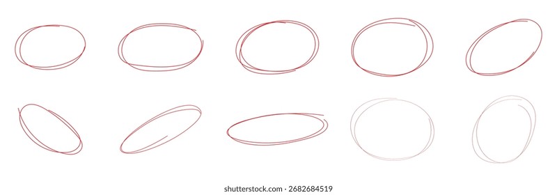Resaltar dibujando a mano diferentes círculos aislados sobre fondo blanco, dibujado a mano círculo rojo para marcar texto, números, rotulador, lápiz, logotipo, dibujado a mano doodle grunge círculo destacados
