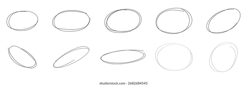 Highlight hand drawing different circles isolated on white background, Hand drawn red circle for marking text, numbers, marker pen, pencil, logo, hand drawn doodle grunge circle highlights