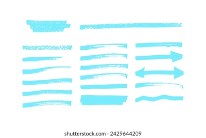Highlight hand drawn brush lines. Texture blue marker underlines set.