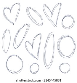 Highlight hand drawn circles, heart frame set. Doodle highlight ovals. Marker sketch. Highlighting text and important objects. Round scribble frames. Stock vector illustration on white.