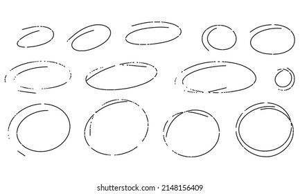 Highlight hand drawn marker frame circles set. Doodle sketch ovals. Marker sketch. Highlighting text and important objects.  Round scribble frames. Stock vector illustration on white background.