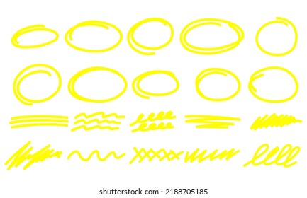 Highlight hand drawn oval frames, marker arrows, underlines lines. Hand drawn scribble doodle circle set. Ovals and ellipses line template. Stock vector illustration isolated on white background.