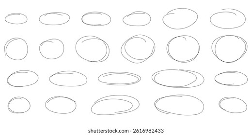 Highlight hand drawn oval marker frames line set. Hand drawn scribble circle underscore sketch set. Doodle ovals and ellipses line template. Vector illustration oval isolated on white background.