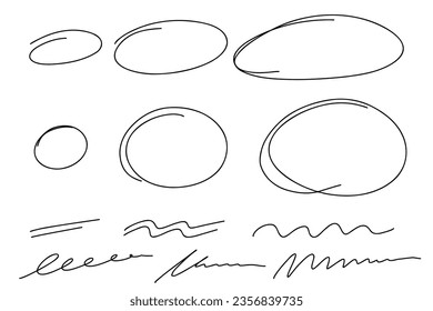 Highlight hand drawn ovals and lines. Handdrawn marker underlines scribble doodle circle set. Ovals and ellipses line template. Stock vector illustration isolated on white background.