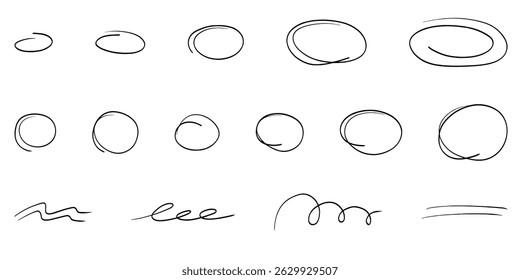 Highlight handdrawn oval sketch marker frames line set. Hand drawn scribble circle underscore set. Doodle ovals and ellipses line template. Vector illustration oval isolated on white background.