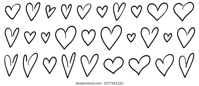 Highlight heart frame set. Doodle hand drawn hearts. Sketch marker heart. Valentine's Day set. Line art Scribble vector illustration isolated on white background. 