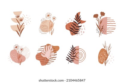 Resalte los iconos. La historia de la composición de Boho Icons. Resumen de las cubiertas de formas simples. Boho medios sociales. Diseño gráfico minimalista moderno. Color terracota.