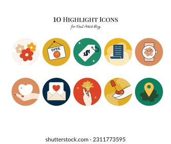 Highlight icons for nail artist blog. Nail polish salon icon set. Included the icons - finger, hand, open hours, client reviews, location, nail art, prices. Elegant collection for manicure master